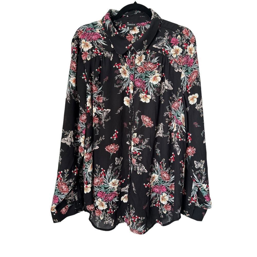 Torrid Top Womens Size 3X Black Floral Long Sleeve Button Front Collard Casual